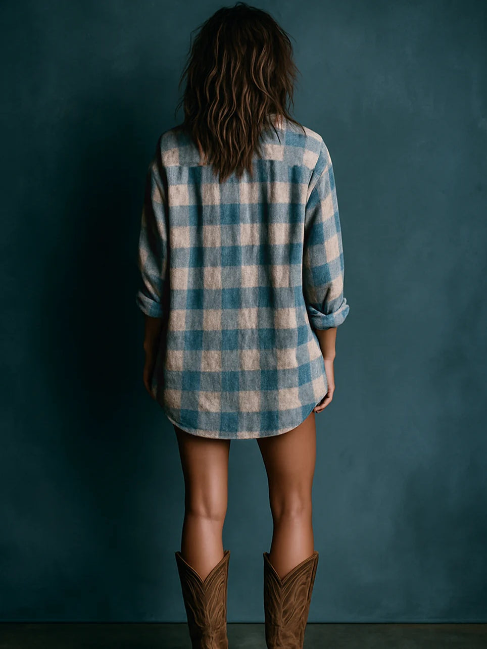 Blue And White Loose Plaid Henley Neck Long Sleeve Mini-Length Dress