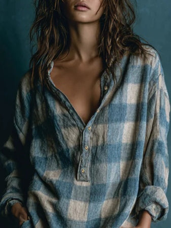 Blue And White Loose Plaid Henley Neck Long Sleeve Mini-Length Dress