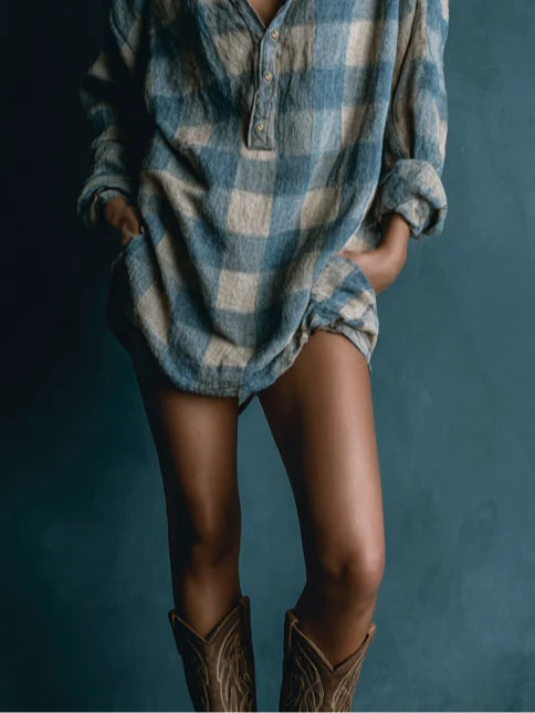 Blue And White Loose Plaid Henley Neck Long Sleeve Mini-Length Dress