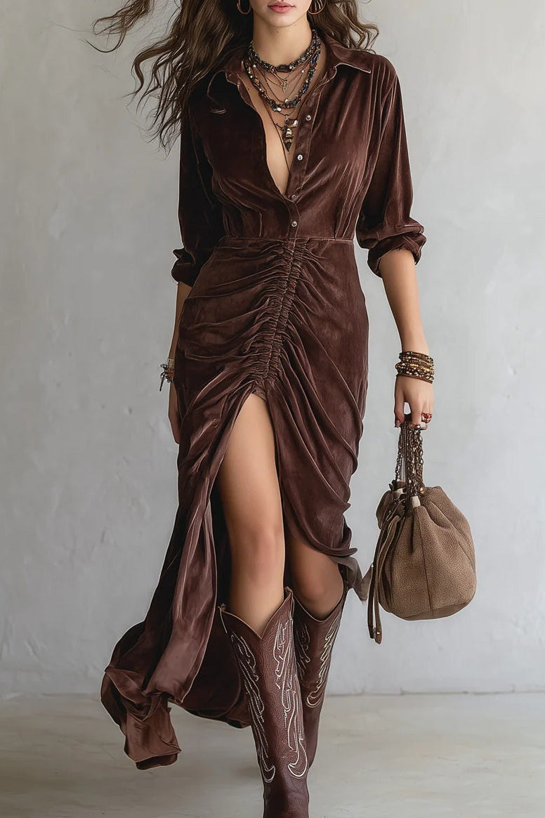 Retro Button-stitched Pleated Velvet Midi-Length Dress