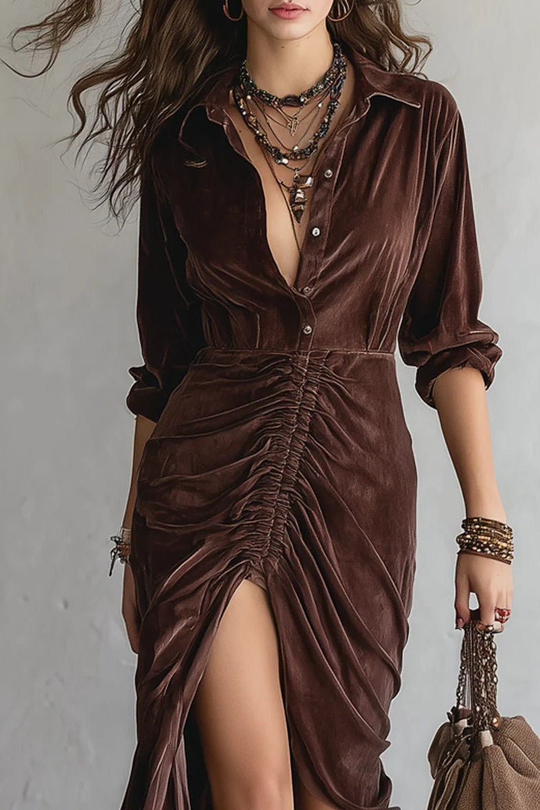 Retro Button-stitched Pleated Velvet Midi-Length Dress
