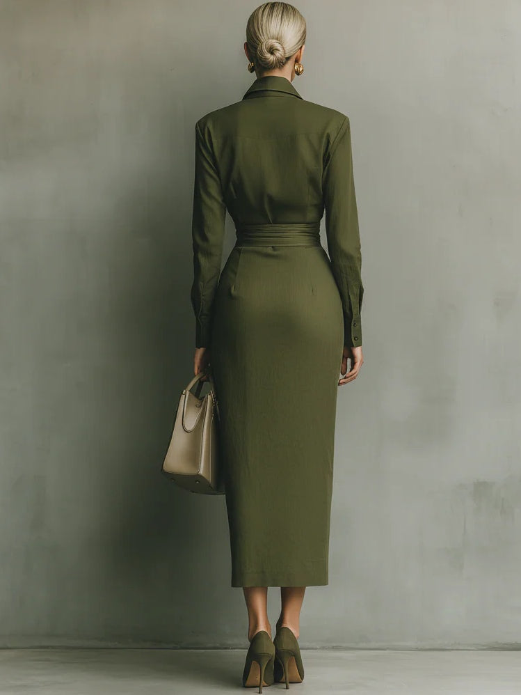Army Green Cotton Blended Maxi-Length Dress