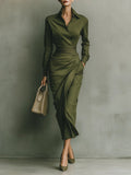 Army Green Cotton Blended Maxi-Length Dress