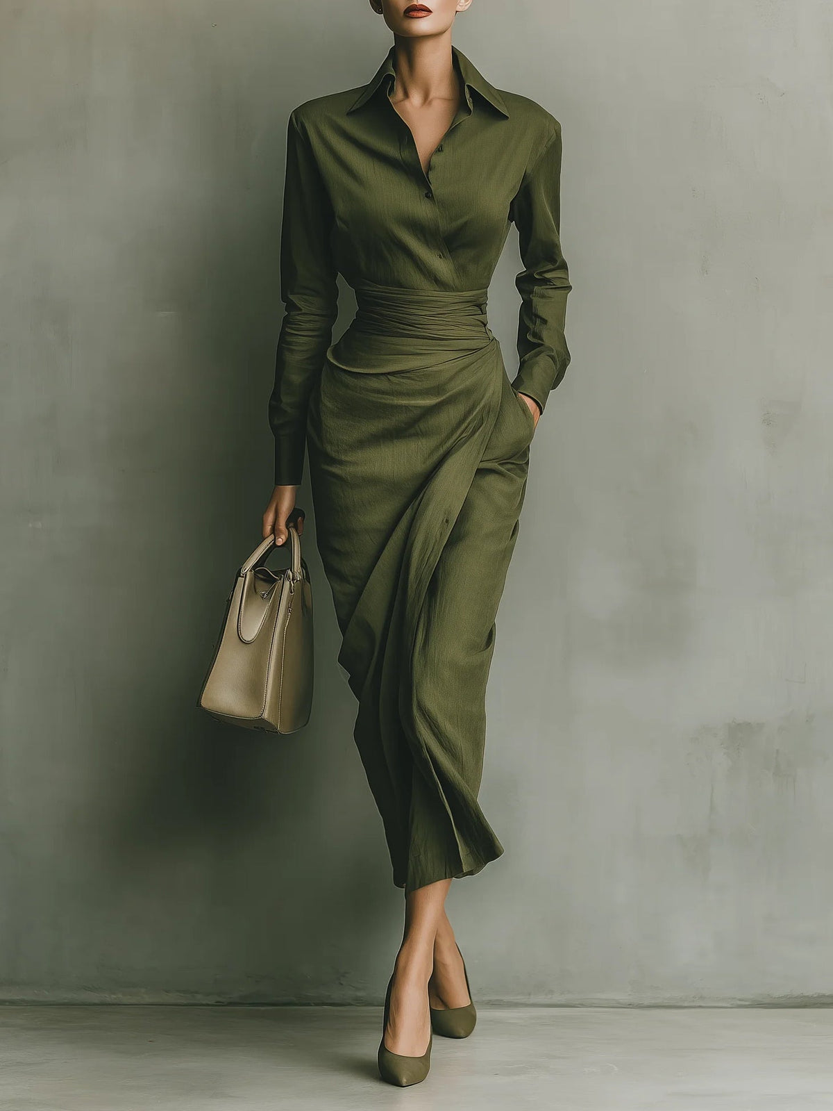 Army Green Cotton Blended Maxi-Length Dress