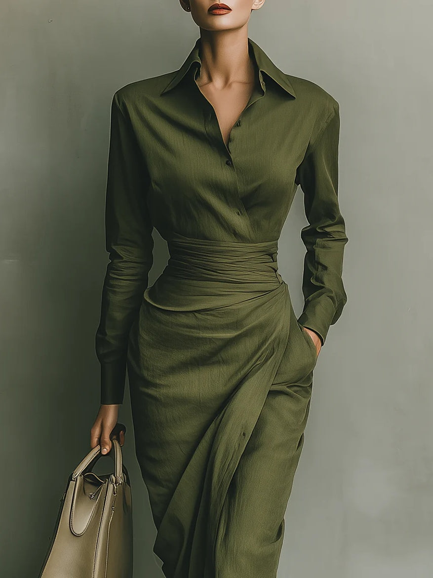 Army Green Cotton Blended Maxi-Length Dress