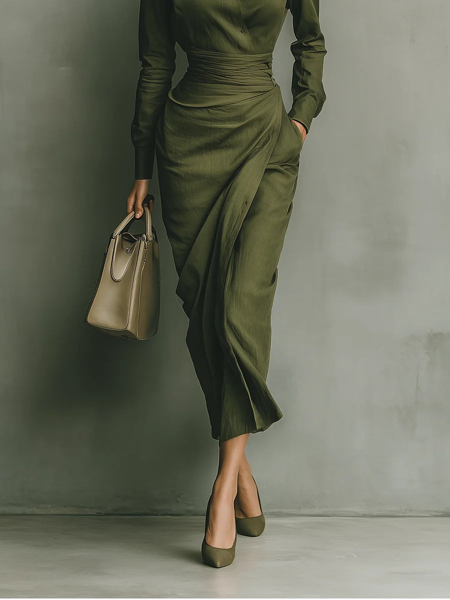 Army Green Cotton Blended Maxi-Length Dress