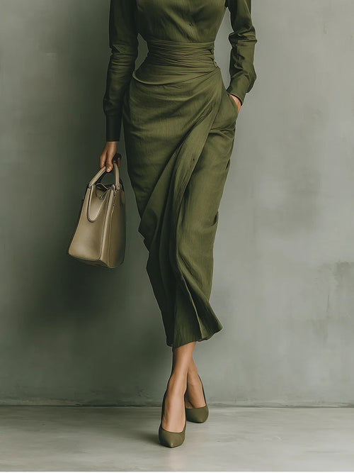 Army Green Cotton Blended Maxi-Length Dress
