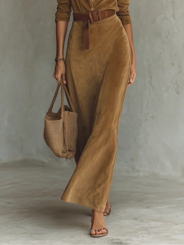 Suede Single-breasted Lapel Maxi-Length Dress