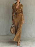 Suede Single-breasted Lapel Maxi-Length Dress