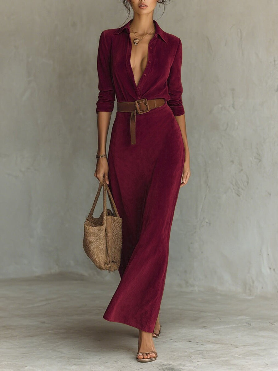 Suede Single-breasted Lapel Maxi-Length Dress