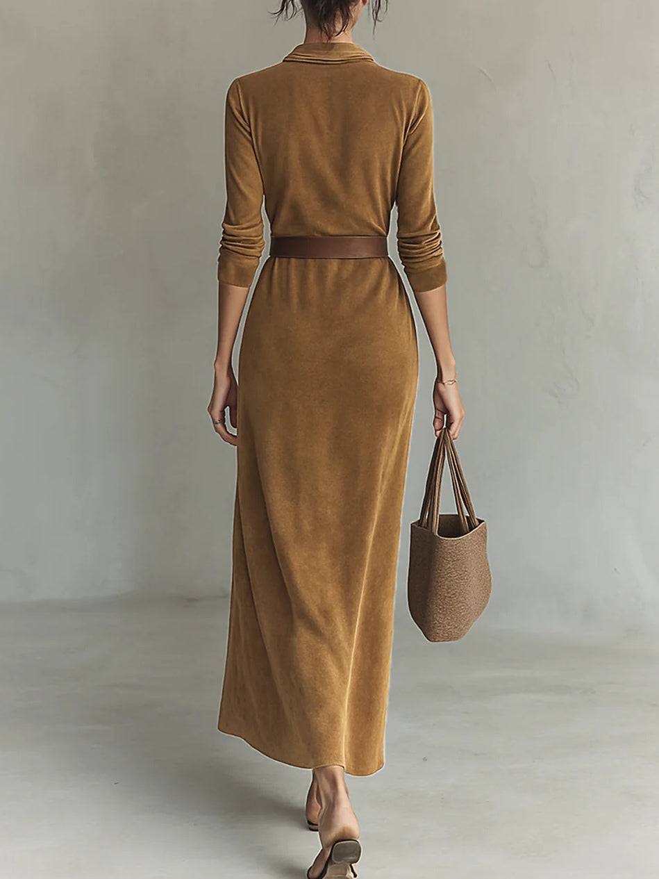 Suede Single-breasted Lapel Maxi-Length Dress