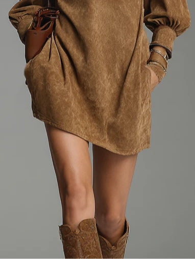 Brown Loose Suede Zipper Turtleneck Mini-Length Dress