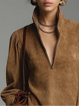 Brown Loose Suede Zipper Turtleneck Mini-Length Dress