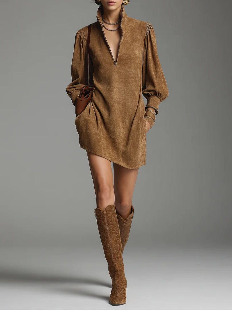 Brown Loose Suede Zipper Turtleneck Mini-Length Dress