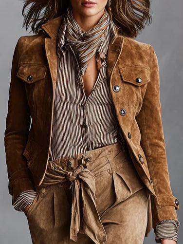 Modern Brown Suede Single-Breasted Lapel Cropped Jacket
