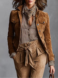 Modern Brown Suede Single-Breasted Lapel Cropped Jacket