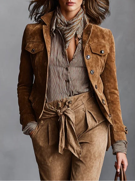 Modern Brown Suede Single-Breasted Lapel Cropped Jacket