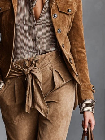 Modern Brown Suede Single-Breasted Lapel Cropped Jacket