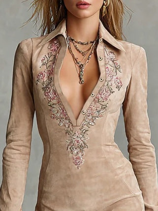 Beige Slim Suede Neck Flower Lapel Midi-Length Dress