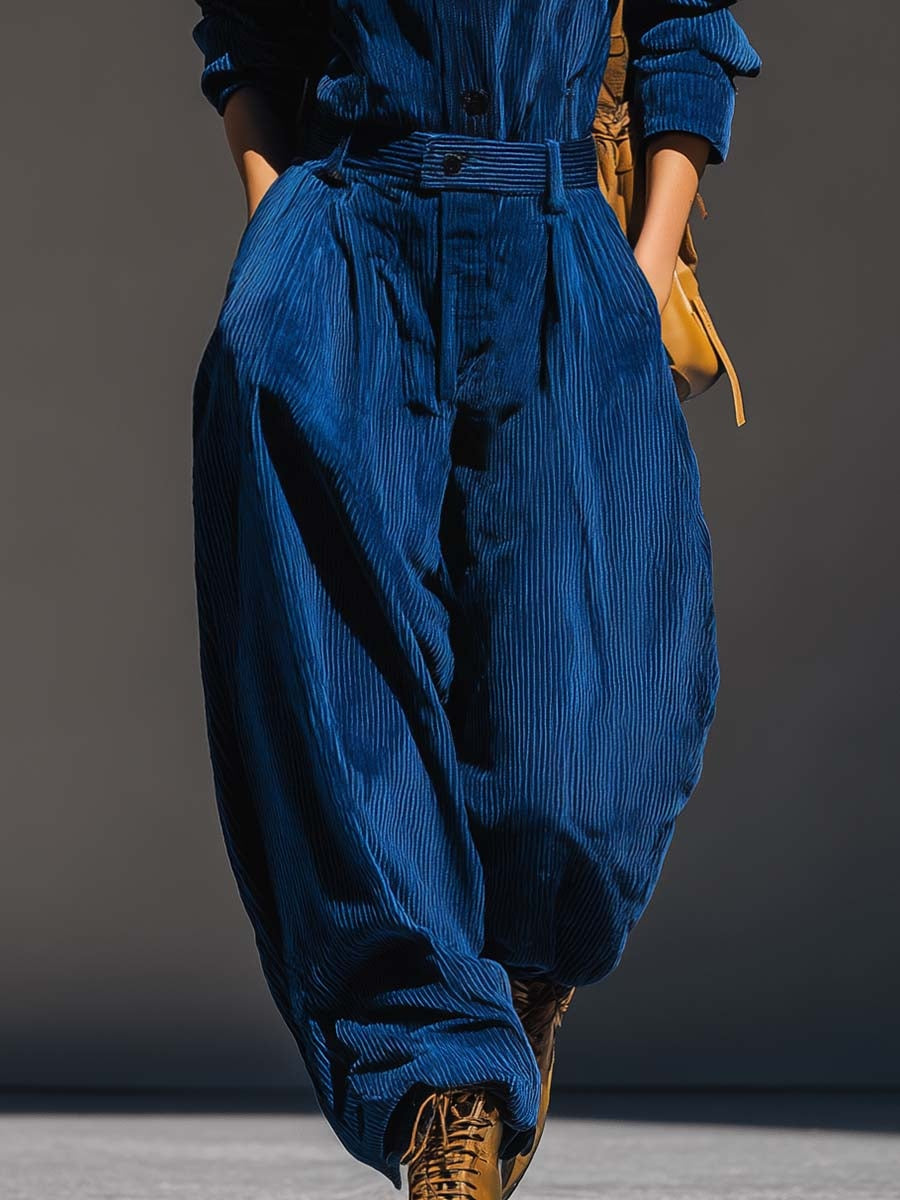 Blue Corduroy Hooded Top And Wide-Leg Trousers Set
