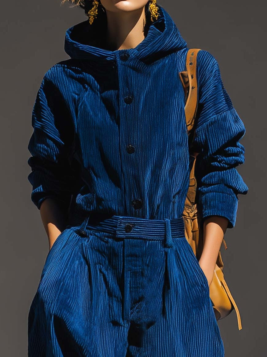 Blue Corduroy Hooded Top And Wide-Leg Trousers Set