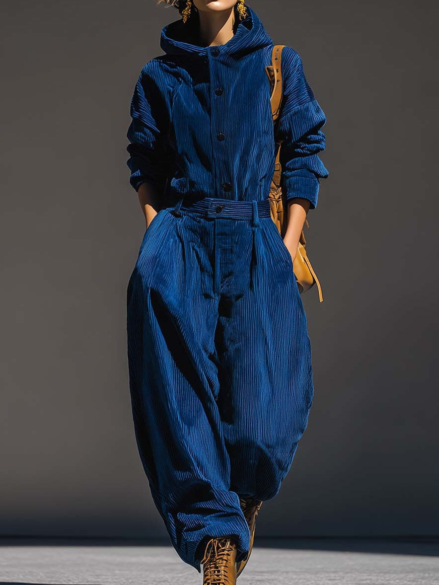 Blue Corduroy Hooded Top And Wide-Leg Trousers Set
