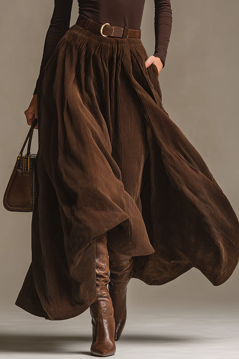 Coordinated Dark Brown Turtleneck Top And Corduroy Skirt Set
