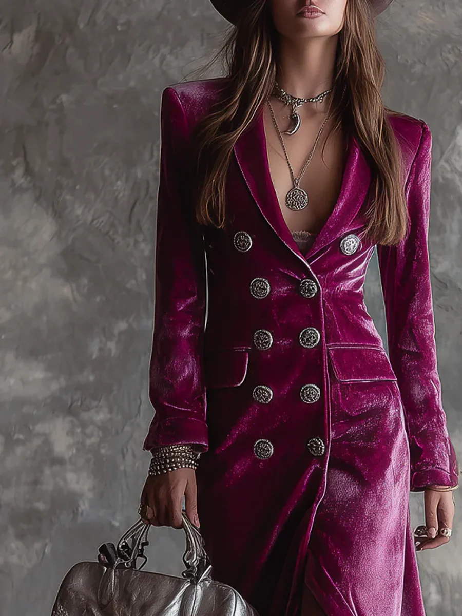 Purple Button-Front Velvet Long Blazer Maxi-Length Dress