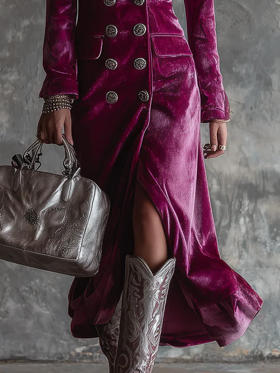 Purple Button-Front Velvet Long Blazer Maxi-Length Dress