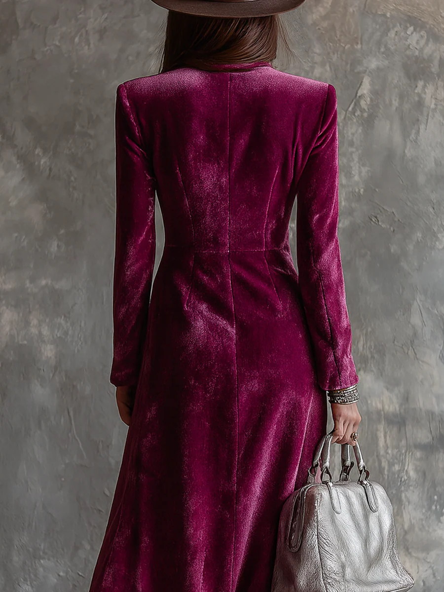 Purple Button-Front Velvet Long Blazer Maxi-Length Dress