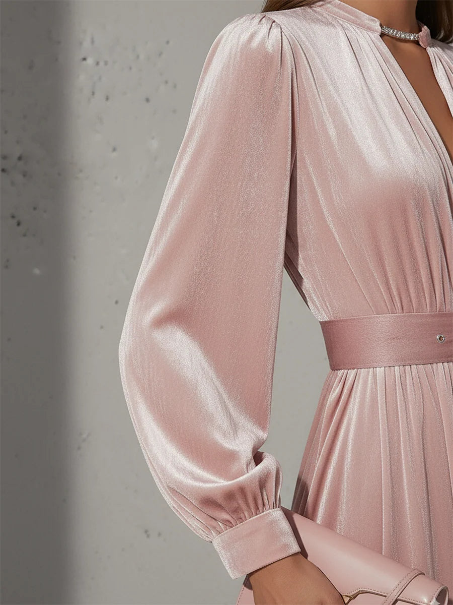 Refined Light Pink V-Neck Velvet Maxi-Length Dress