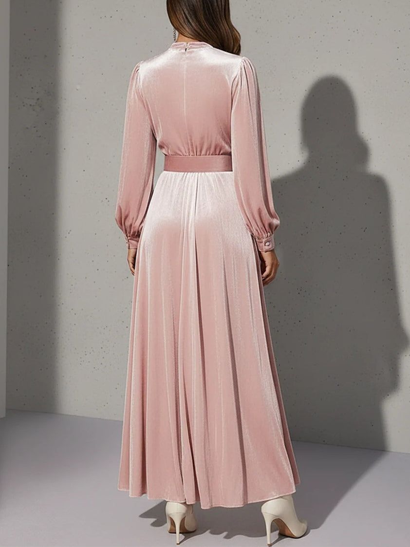 Refined Light Pink V-Neck Velvet Maxi-Length Dress