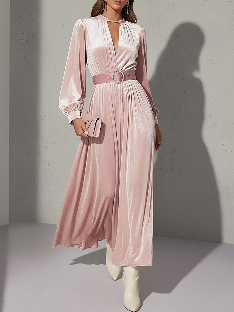 Refined Light Pink V-Neck Velvet Maxi-Length Dress