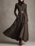 Modern Brown and Black Plaid Lapel Single-Breasted Shirt Long Dress