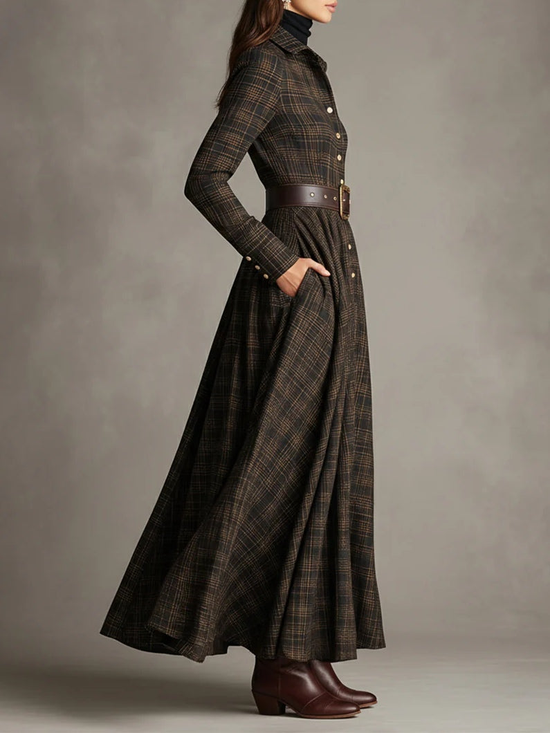 Modern Brown and Black Plaid Lapel Single-Breasted Shirt Long Dress