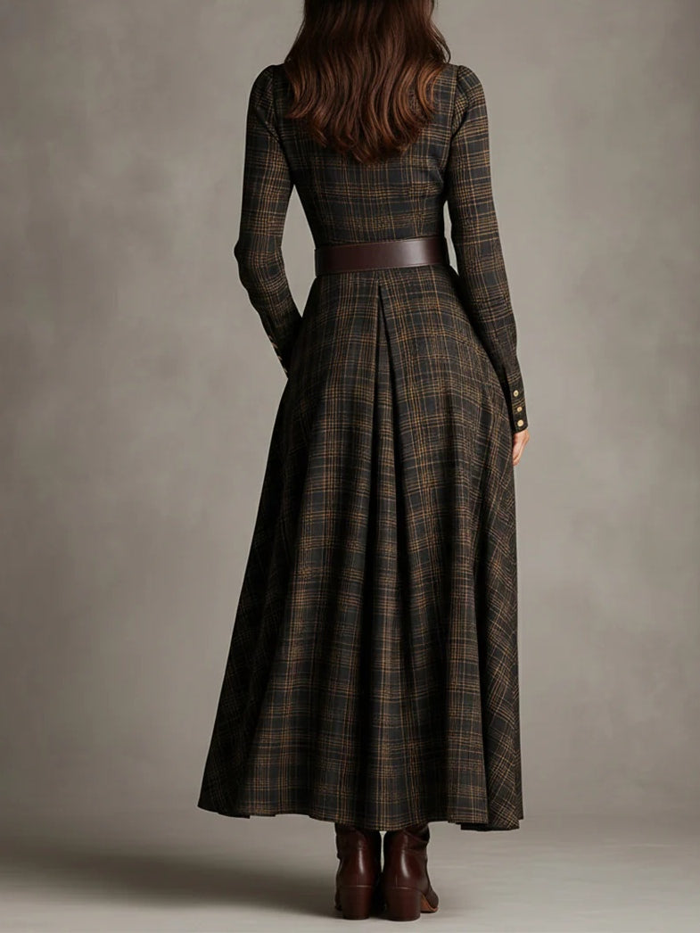 Modern Brown and Black Plaid Lapel Single-Breasted Shirt Long Dress