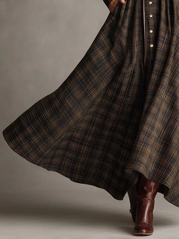 Modern Brown and Black Plaid Lapel Single-Breasted Shirt Long Dress