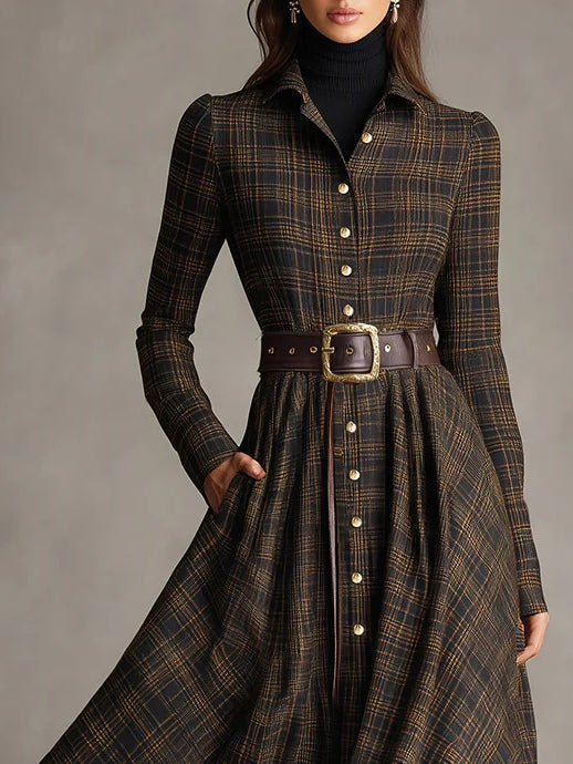 Modern Brown and Black Plaid Lapel Single-Breasted Shirt Long Dress