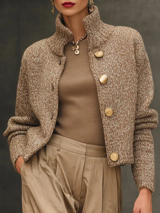 Camel Turtleneck Button-Front Knit Cardigan Knit Sweater