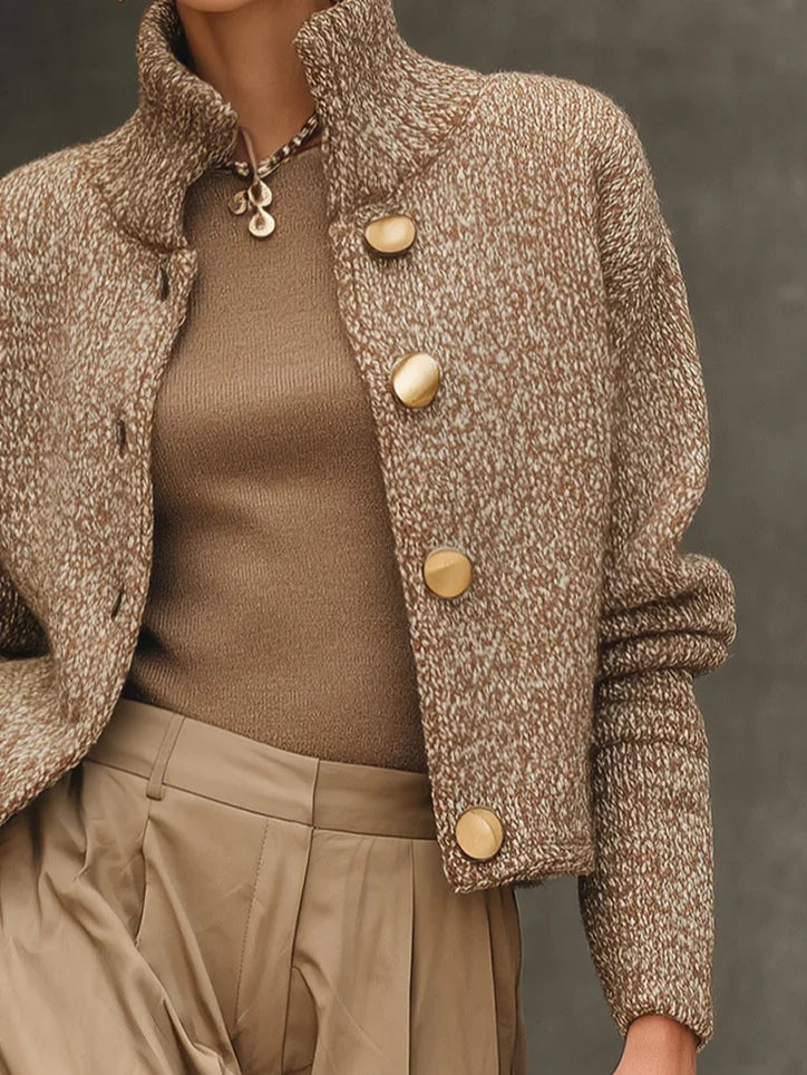 Camel Turtleneck Button-Front Knit Cardigan Knit Sweater