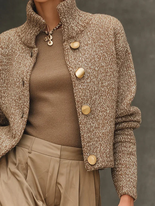 Camel Turtleneck Button-Front Knit Cardigan Knit Sweater
