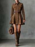 Playful Suede Single-breasted Lapel Long-sleeved Mini-Length Dress