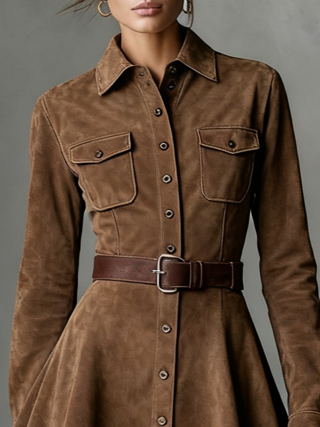 Playful Suede Single-breasted Lapel Long-sleeved Mini-Length Dress