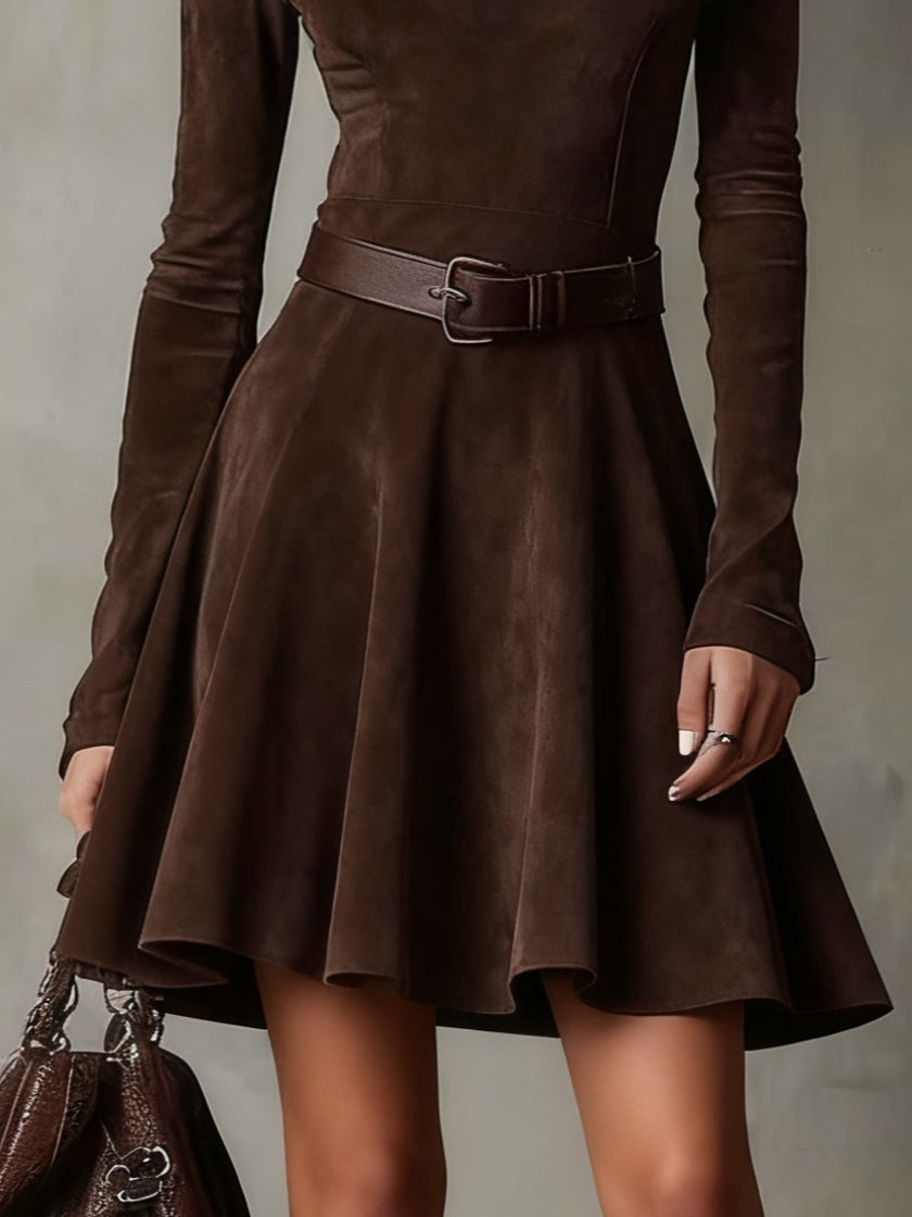 Retro Dark Brown Suede Mock Neck Mini-Length Dress
