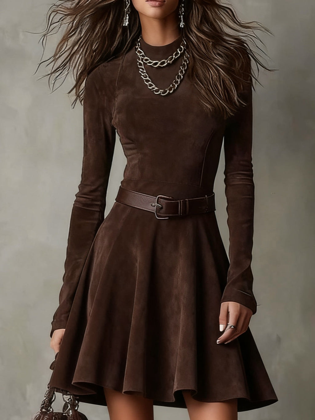 Retro Dark Brown Suede Mock Neck Mini-Length Dress