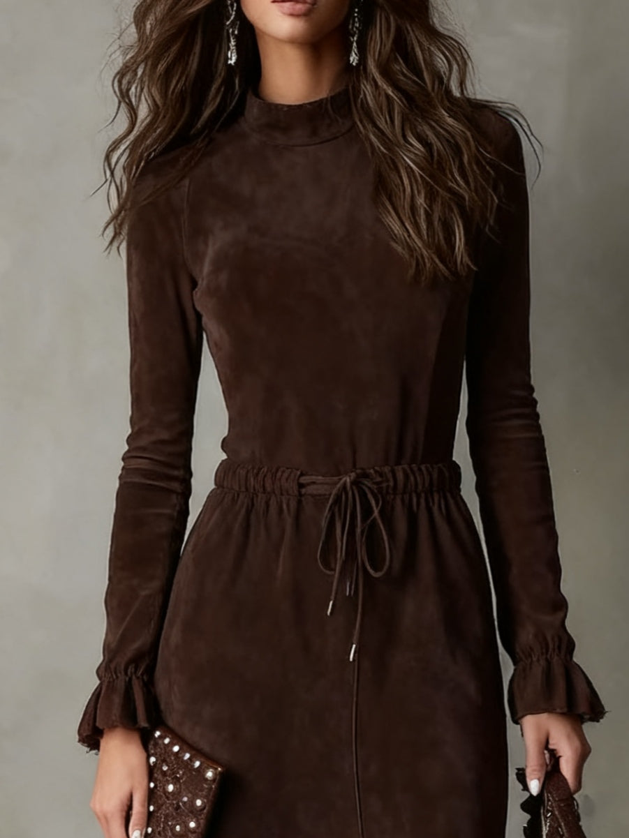 Refined Dark Brown Suede Drawstring Irregular Midi-Length Dress