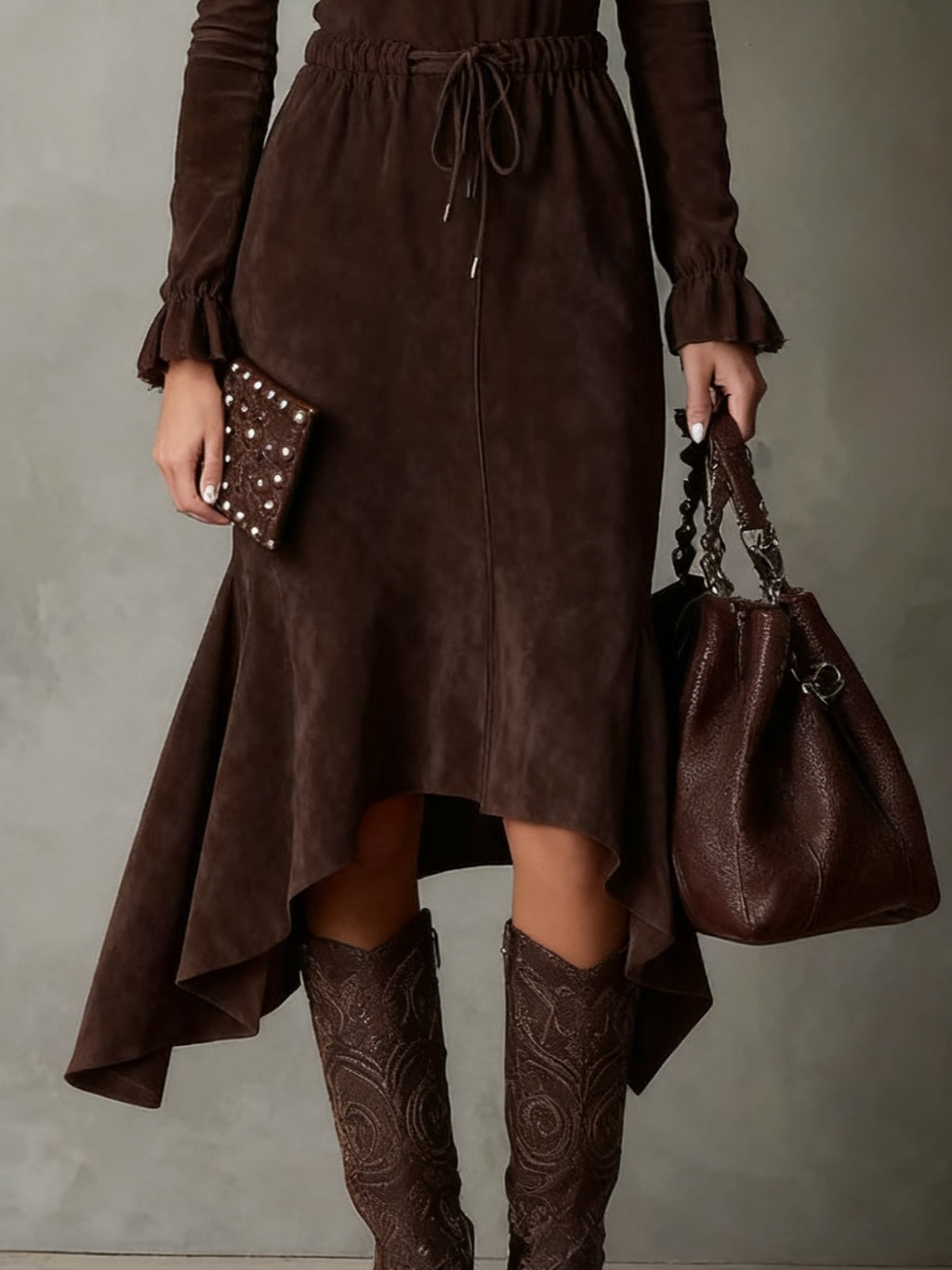 Refined Dark Brown Suede Drawstring Irregular Midi-Length Dress