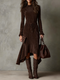 Refined Dark Brown Suede Drawstring Irregular Midi-Length Dress