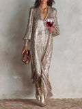 Clean-Lined Loose Shimmering V-Neck Maxi Party Dress