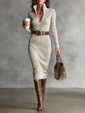Slim Fit Half Turtleneck V-Neck Long Sleeve Knitted Belted Midi-Length Dress